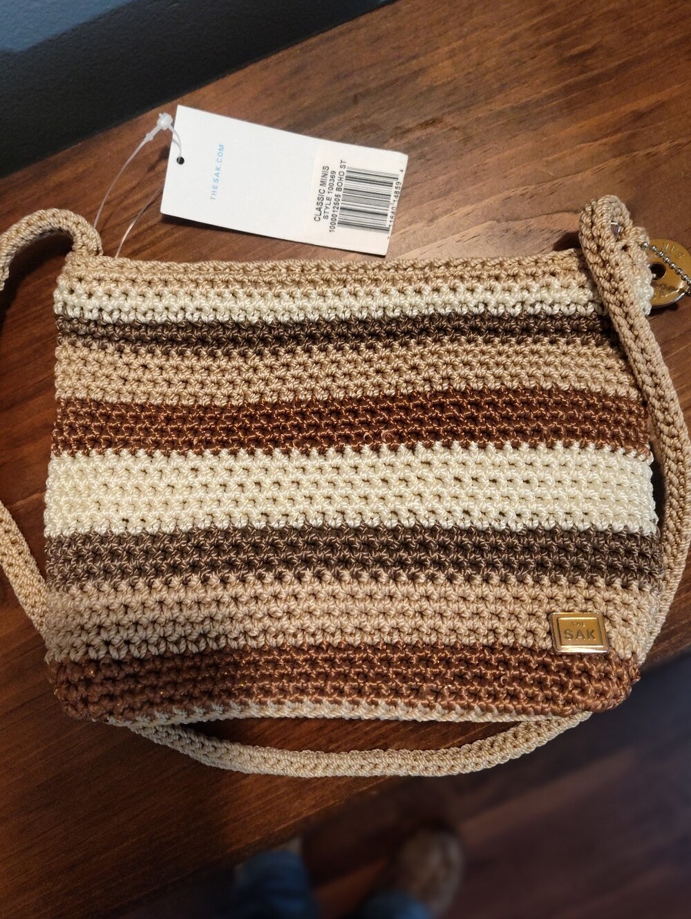 The Sak Crochet Striped Crossbody Bag in Cream and Brown